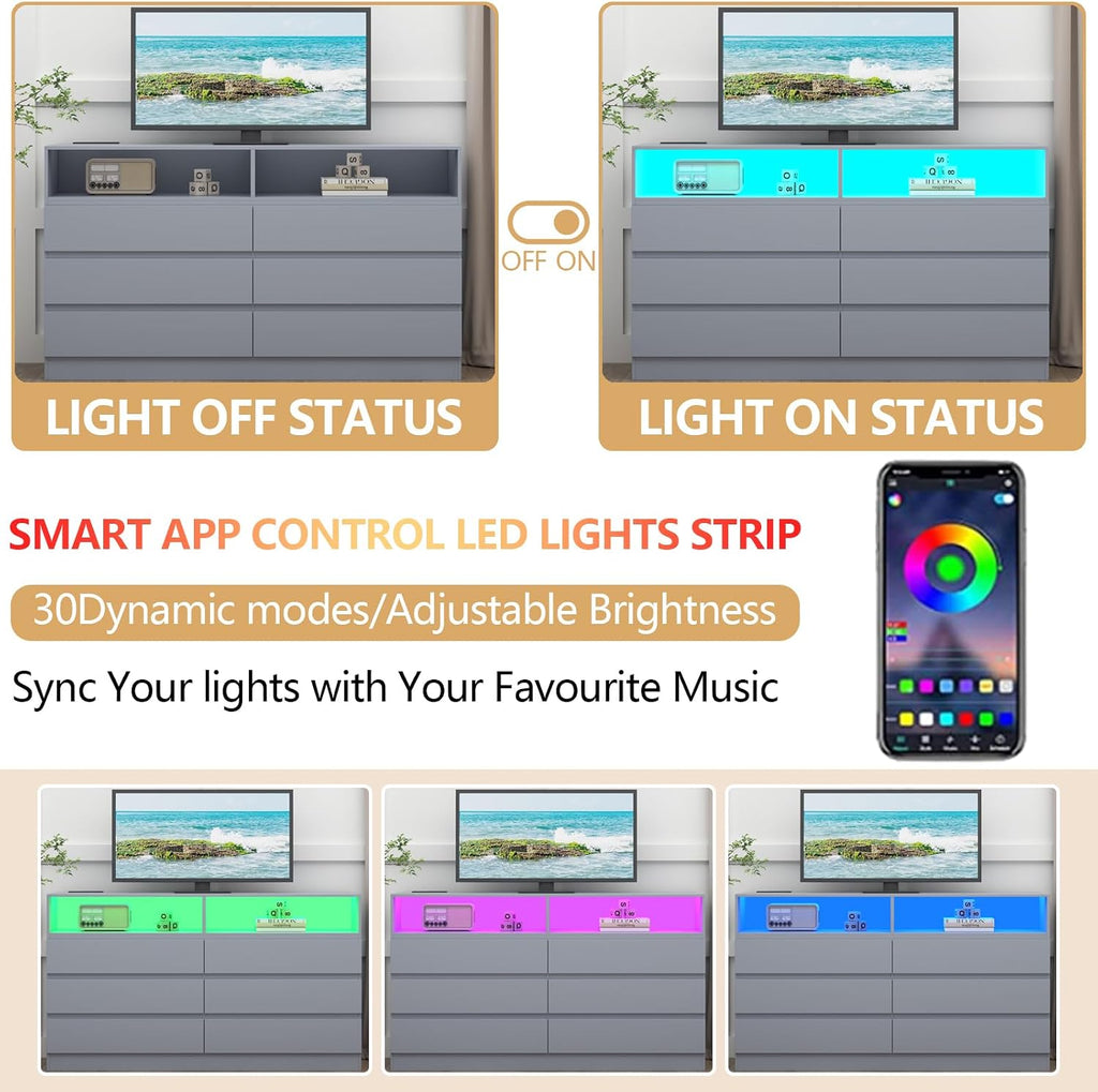 Gyfimoie 6 Drawers Dresser with Power Outlet, Accent Chests of Drawers with LED Light, Modern Storage Dresser for Bedroom, Living Room