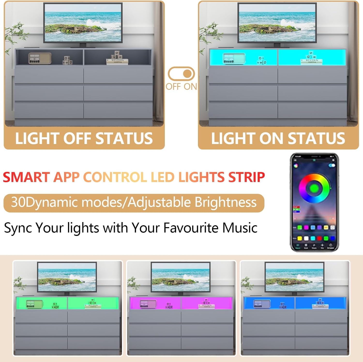 Gyfimoie 6 Drawers Dresser with Power Outlet, Accent Chests of Drawers with LED Light, Modern Storage Dresser for Bedroom, Living Room