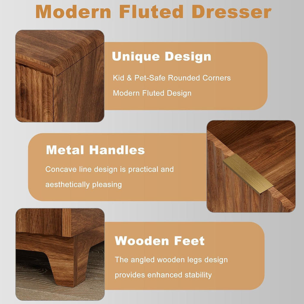 8 Drawer Dresser and 2 Nightstand Sets for Bedroom 3 Pcs Bedroom Set, Modern 39.4' Fluted Dresser with Invisible Handles Nightstand Charging Station, Bedroom Furniture Set for Living Room, Natural Oak