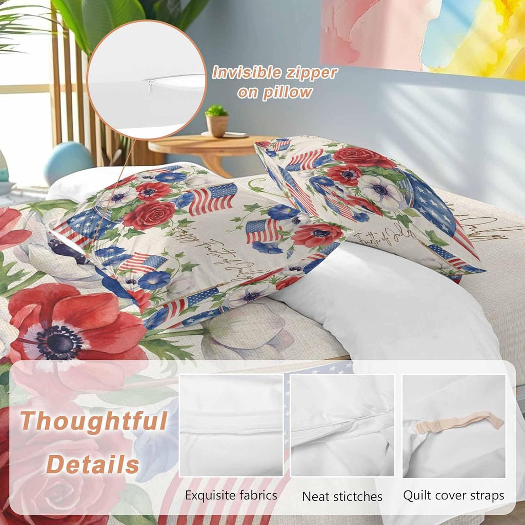 Happy Independence Day Duvet Cover Set Queen Size 4 Pieces U. S. Flag Flowers White Five-Pointed Stars Bedding Set with Zipper Closure, 1 Comforter Cover 86x86 Inches 1 Flat Sheet & 2 Pillow Cases