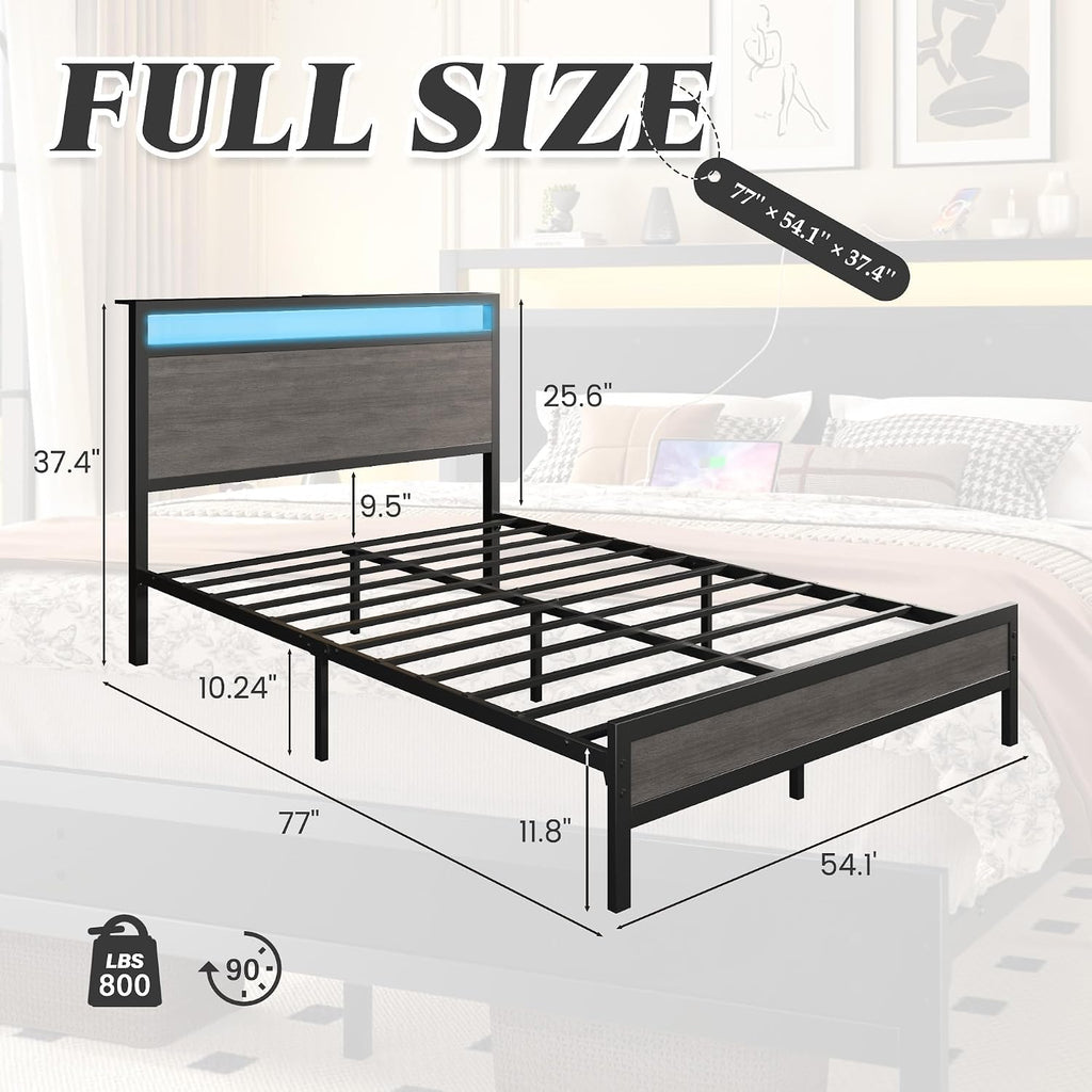 Fluest Full Bed Frame with Headboard & Footboard, Full Bed Frame with Built-in Charging Station & LED Light, Storage Shelf, Noise-Free, No Box Spring Needed, Easy Assembly, Rustic Grey