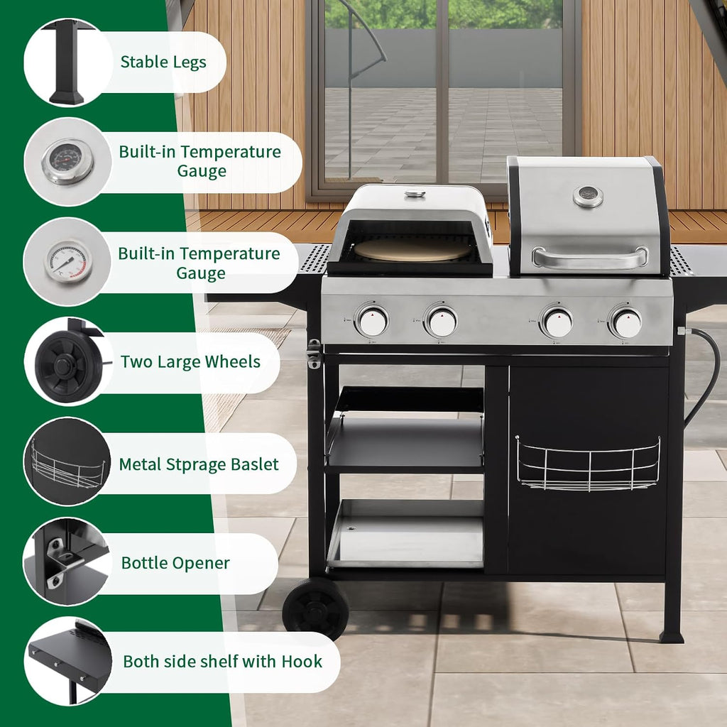 2+2 Multi-function Pizza Griddle Grill Combo,4 Burners Stainless Steel Propane Gas Grill,49,200 BTU Output for Outdoor BBQ,Frying,Pizza Making,Patio Backyard Barbecue,Deck
