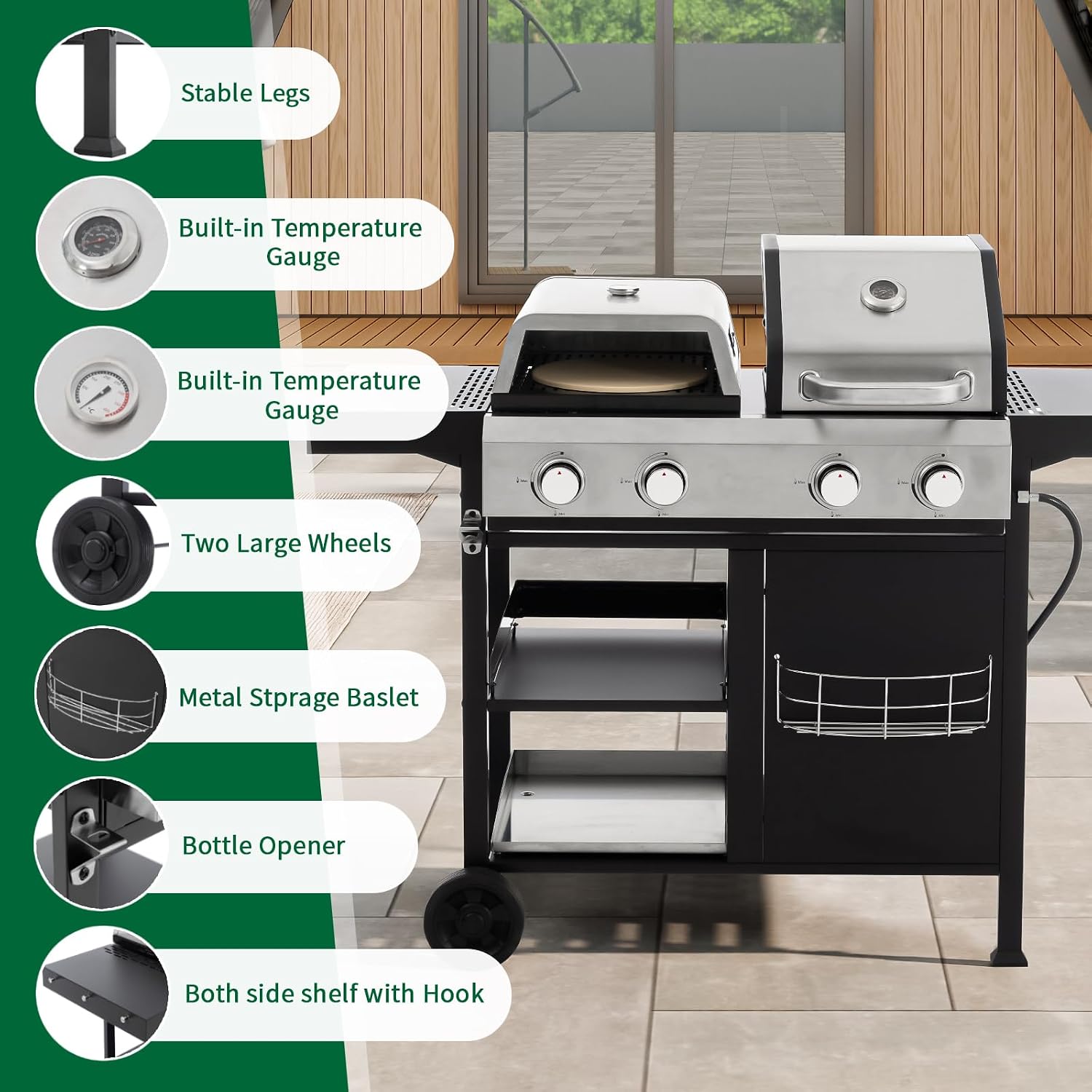 2+2 Multi-function Pizza Griddle Grill Combo,4 Burners Stainless Steel Propane Gas Grill,49,200 BTU Output for Outdoor BBQ,Frying,Pizza Making,Patio Backyard Barbecue,Deck