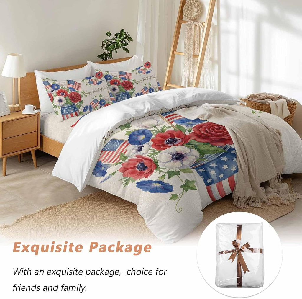 Happy Independence Day Duvet Cover Set Queen Size 4 Pieces U. S. Flag Flowers White Five-Pointed Stars Bedding Set with Zipper Closure, 1 Comforter Cover 86x86 Inches 1 Flat Sheet & 2 Pillow Cases
