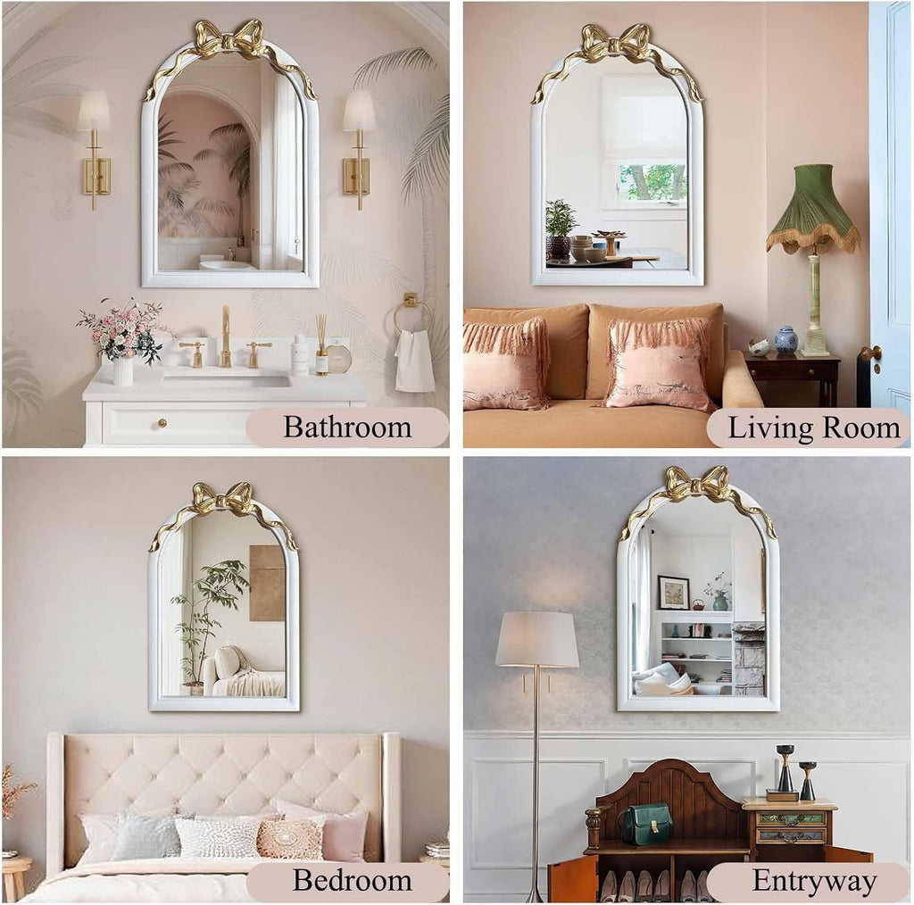 36x24 Arched White Bow Wall Mirror with Gold Ribbon, Vintage Vanity Mirror for Bedroom & Nursery Decor, Cute Coquette Aesthetic Engineered Wood Frame, Shabby Chic Style