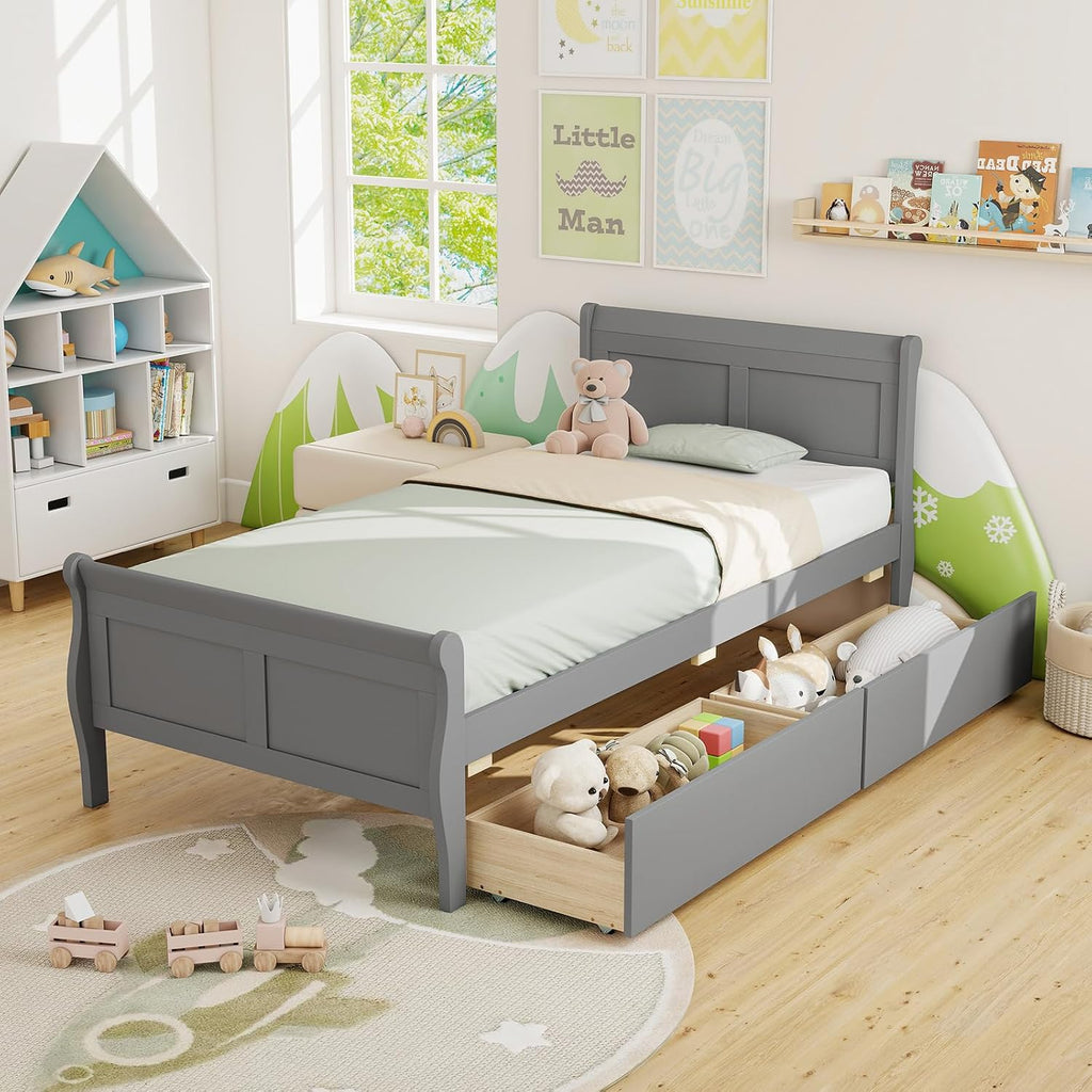 KOMFOTT Twin Bed with 2 Drawers, Twin Storage Bed with Headboard & Footboard, Sleigh Wood Bed Frame with Wooden Slats Support for Kids, Teens, Adults, No Box Spring Needed, Grey
