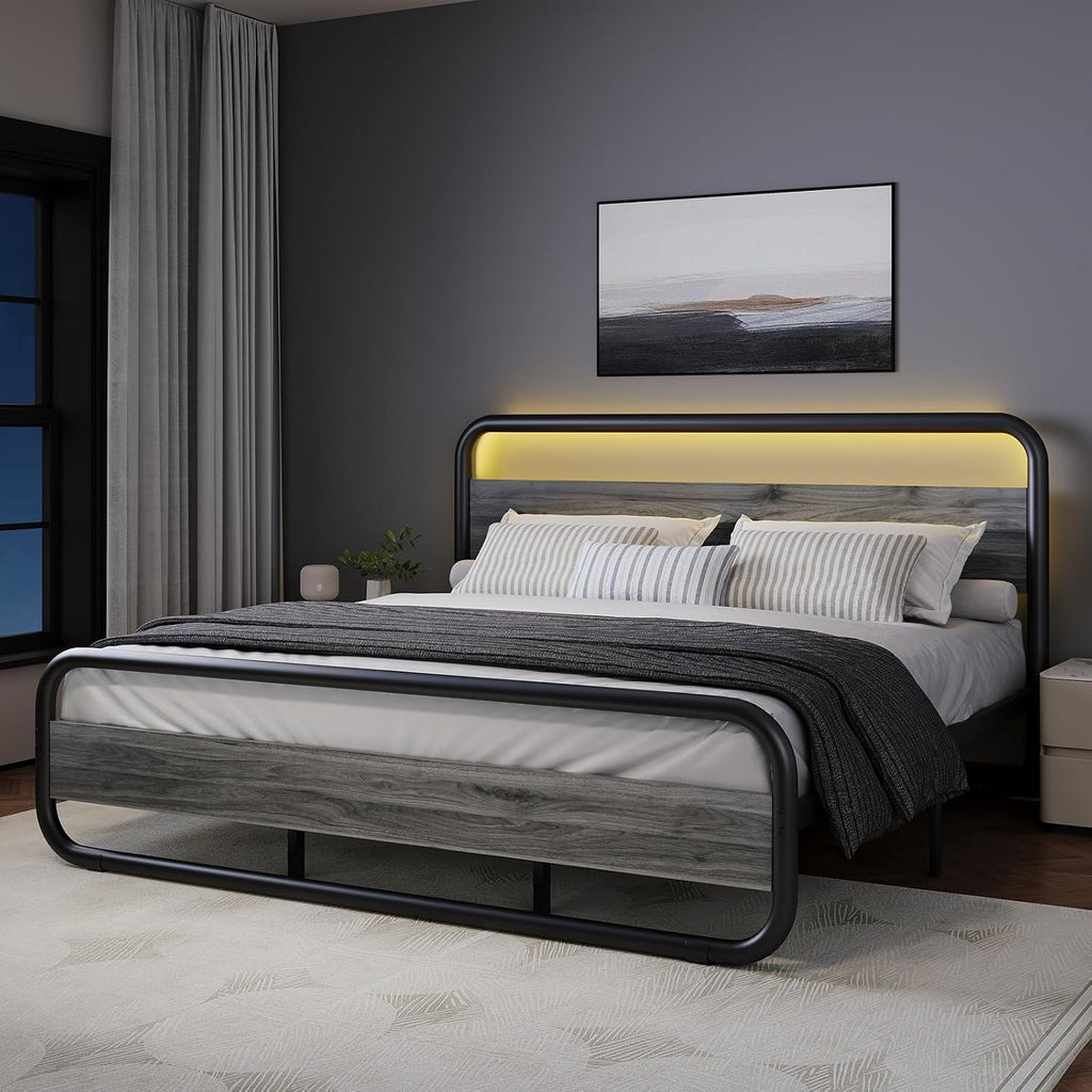 Catrimown King Size Bed Frame, Heavy Duty Metal Rustic King Platform Bed Frame with Wood Headboard, Under Bed Storage, Noise Free, No Box Spring Needed, Wash Gray