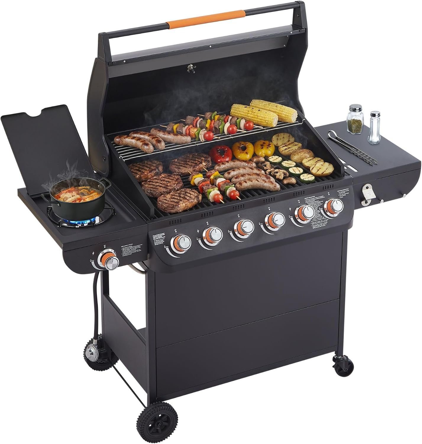 6 Burner Propane Gas Grill with Side Burner, 72000 BTU Stainless Steel Portable Bbq Grills, 650 Sq.In Cooking Area with Warming Rack, Cast Iron Grates, Wheels, Freestanding for Backyard Patio