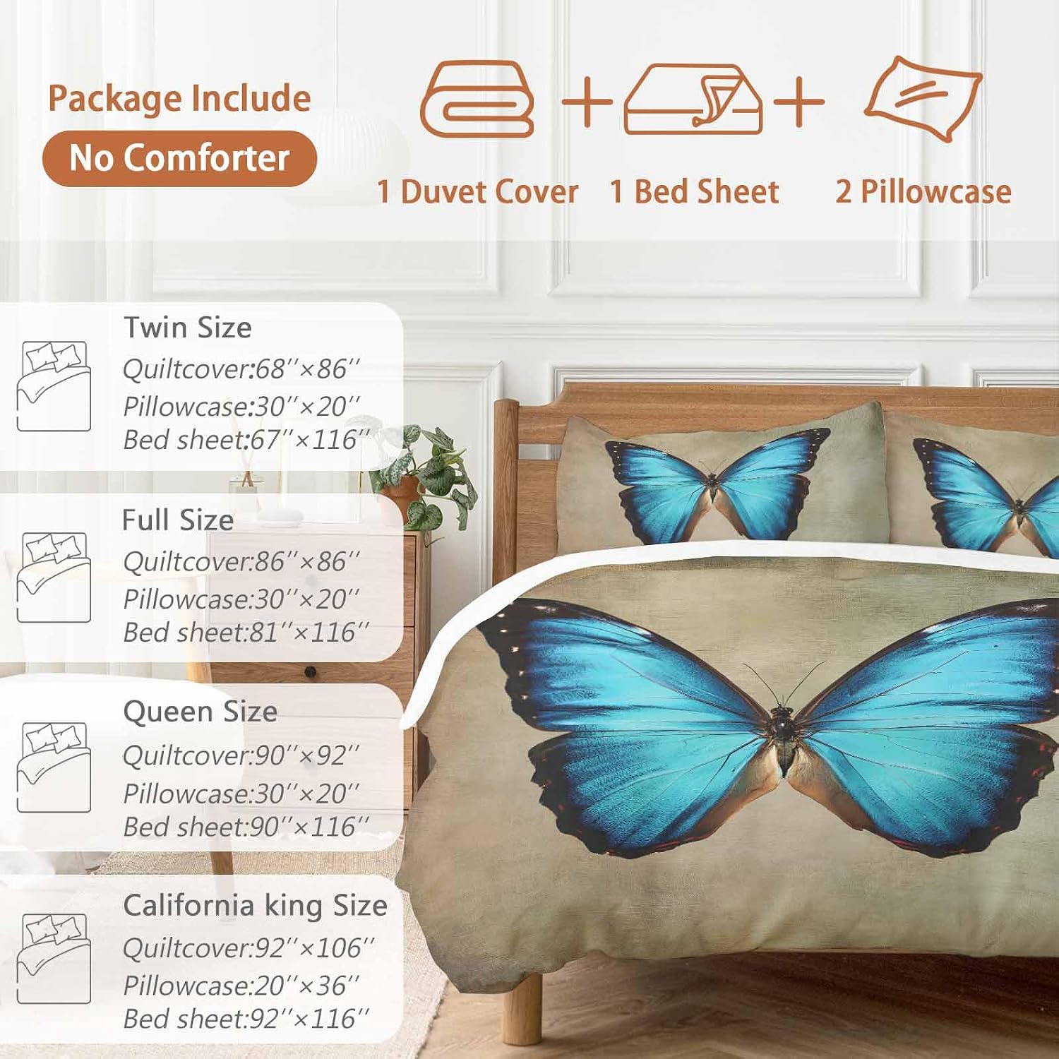 Prime Leader Blue Butterfly Duvet Cover Set Queen Size 4 Pieces Vintage Brown Retro Bug Farm Bedding Set with Zipper Closure, 1 Comforter Cover 92x106 Inches 1 Flat Sheet & 2 Pillow Cases