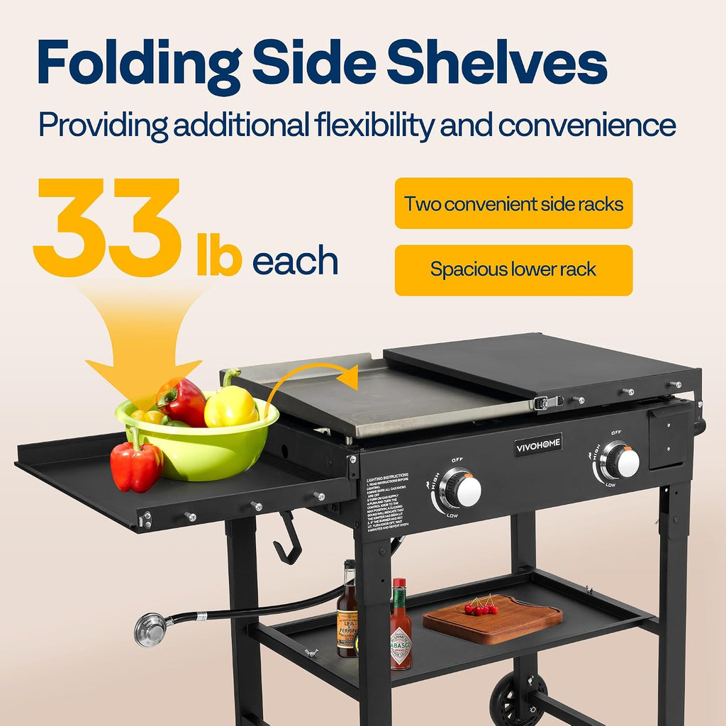 VIVOHOME 2-Burner 30,000 BTU Propane Gas Grill, Folding Flat Top Grill with Side Shelves, Picnics & Family BBQ, Heavy-Duty Rust-Resistant Griddle