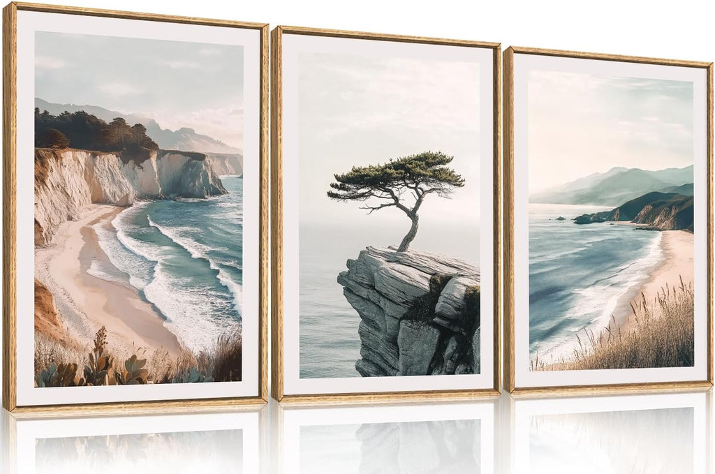 Celestdeco Amalfi Coastal Beach Framed Canvas Wall Art Set, Summer Ocean Wall Decor, Southwestern Beach Wall Painting, Ocean Seascape Art Prints for Living Room, Bedroom, Dining Room-24'x36'x3
