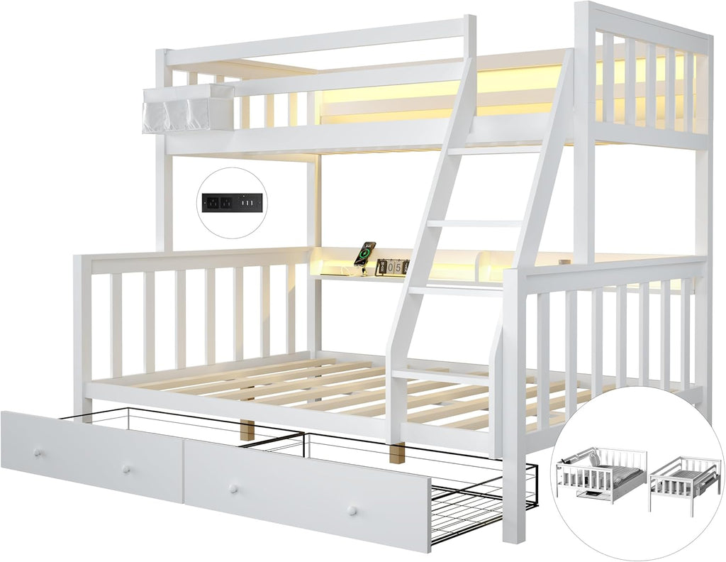 FJTJBSI Solid Wood Bunk Bed with Charging Station and LED Lights Detachable Bunk Bed Twin Over Twin with 2 Storage Drawers Full Size Bed Frame with Guardrail and Ladder for Kids Adults Bedroom