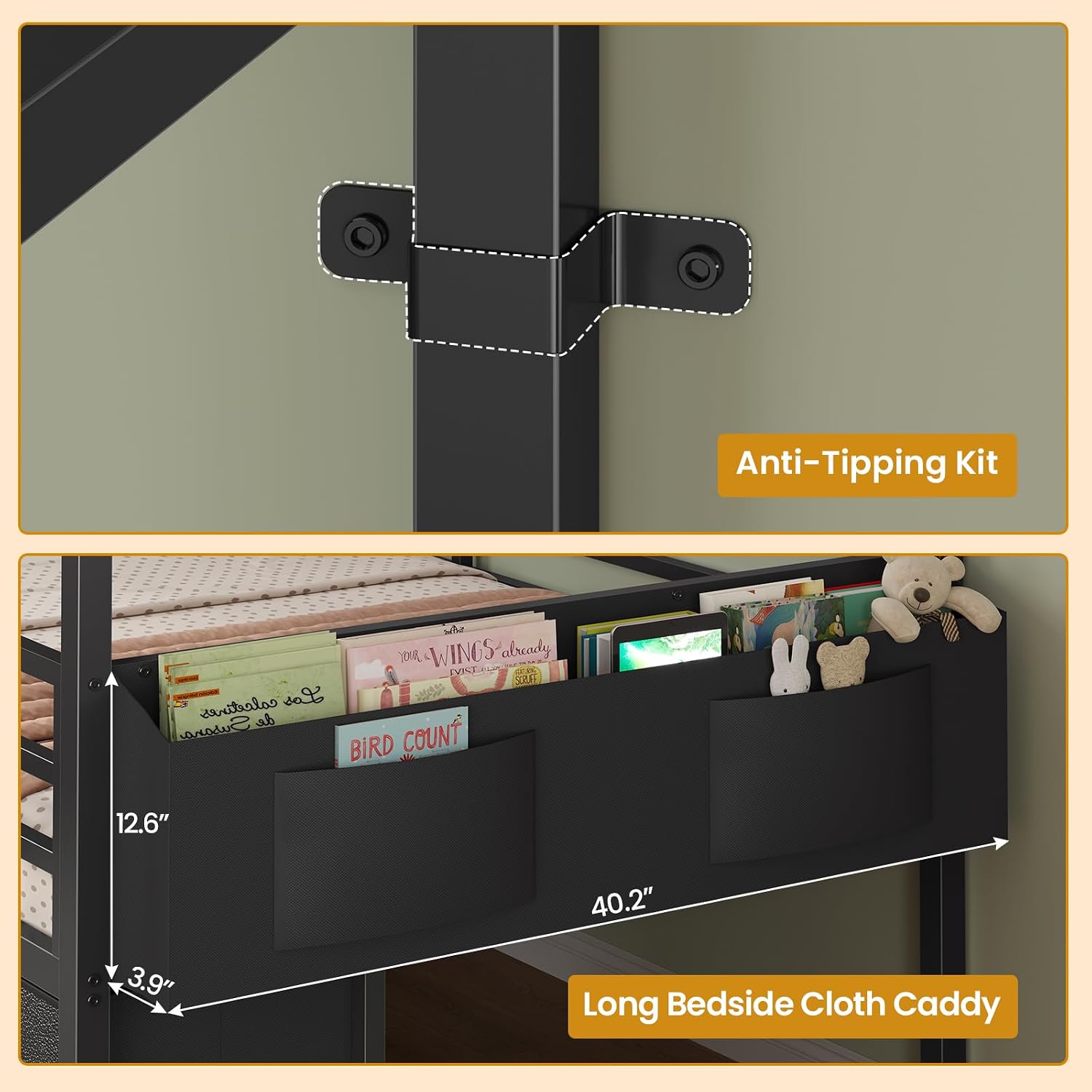 ADORNEVE Twin Size Bed Frame with 6 Drawers,House Bed with Globe String Lights Plug in,Metal Kids Bed with Safety Guardrail & Inclined Ladder,No Box Sping Needed,Black