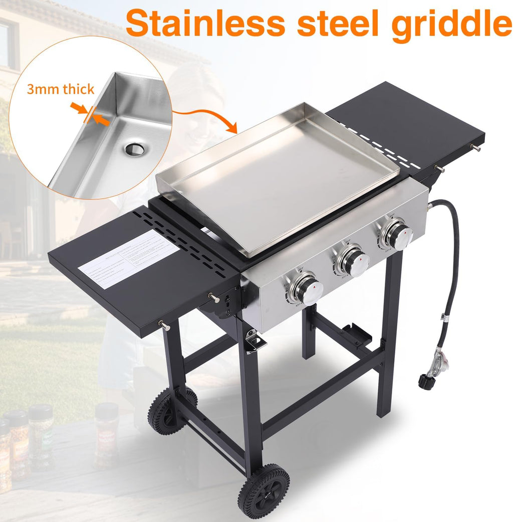 Flat Top Gas Griddle Grill with Stainless Steel Griddle, Includes Dust Cover & Regulator, Perfect for Camping & Tailgating (3-Burner)