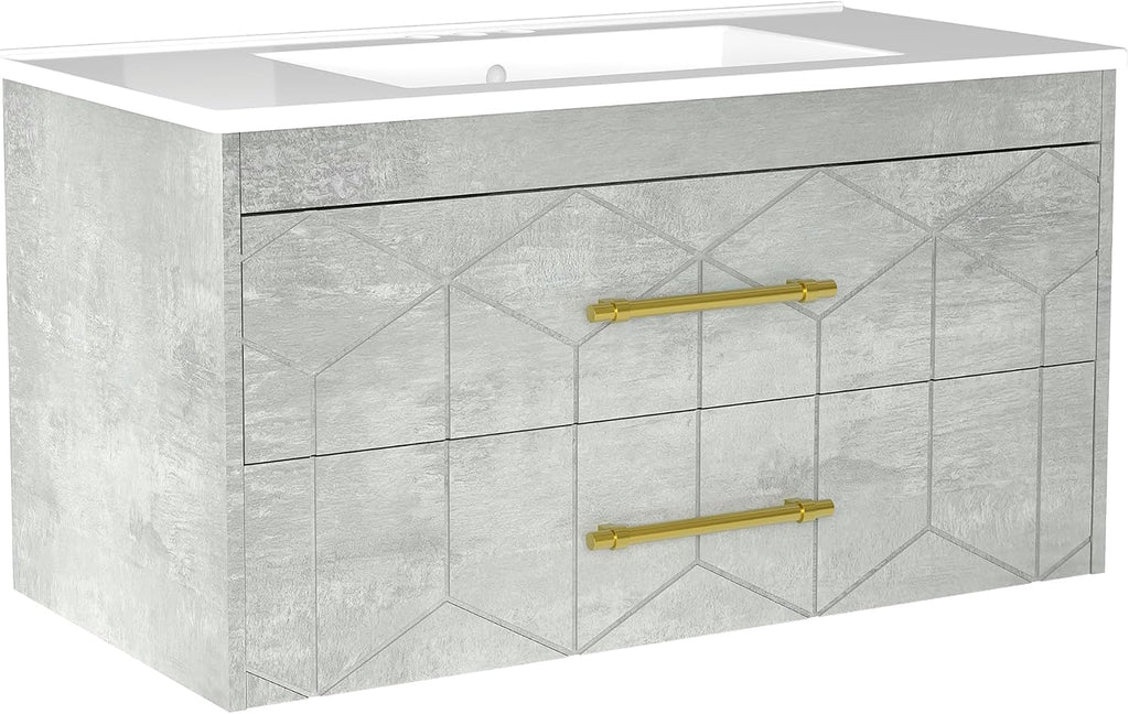 Garvee 36' Bathroom Vanity with Sink, Floating Bathroom Vanity with Ceramic Basin, 2 Large Storage Drawers with Gold Metal Handle, Modern Wall Mounted Bathroom Cabinet with Sink, Grey