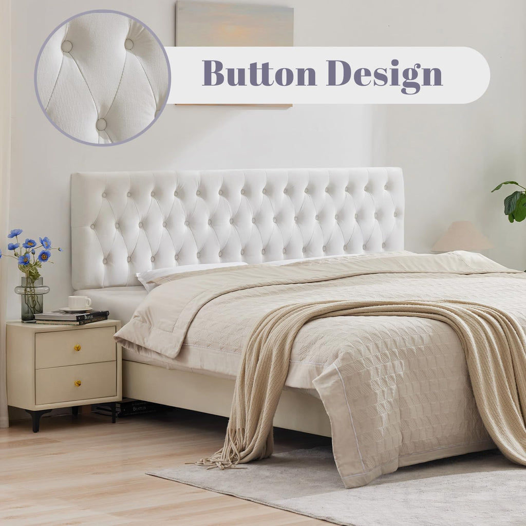 Kingfun Tufted Upholstered King Size Bed Headboard in Modern Button Design, Adjustable Solid Wood Head Board, Premium Velvet Fabric Padded Headboards in Bedroom (White)