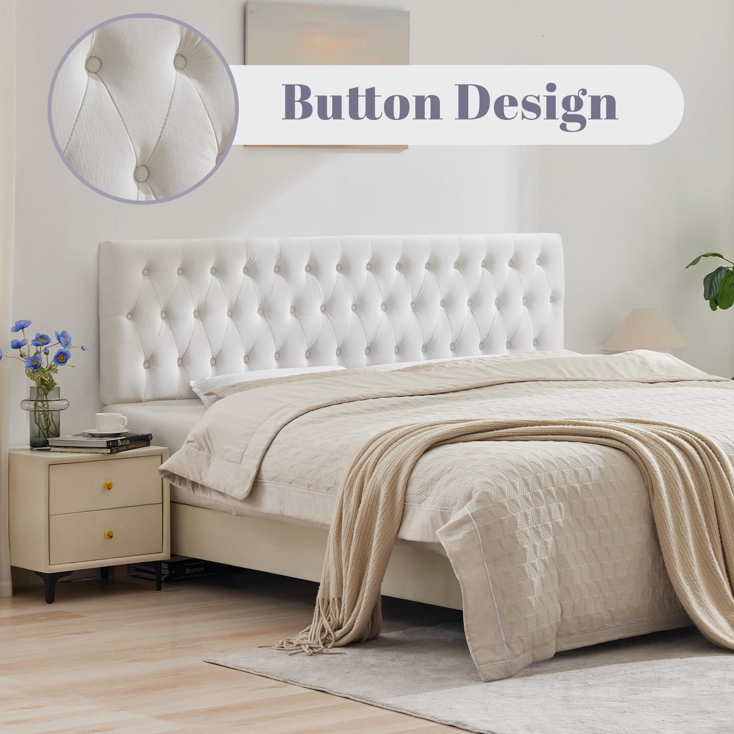 Kingfun Tufted Upholstered King Size Bed Headboard in Modern Button Design, Adjustable Solid Wood Head Board, Premium Velvet Fabric Padded Headboards in Bedroom (White)