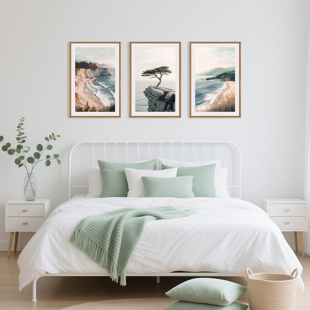 Celestdeco Amalfi Coastal Beach Framed Canvas Wall Art Set, Summer Ocean Wall Decor, Southwestern Beach Wall Painting, Ocean Seascape Art Prints for Living Room, Bedroom, Dining Room-24'x36'x3
