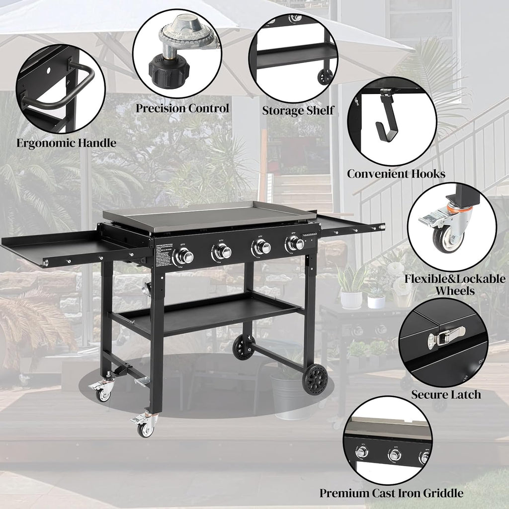 Foldable Flat Top Grill, Portable Outdoor Propane Griddle with 2 Foldable Shelves, 30000/45000/60000 BTU Gas Grill Griddle Cooking Station for BBQ & Outdoor Cooking, Black(4 Burner)