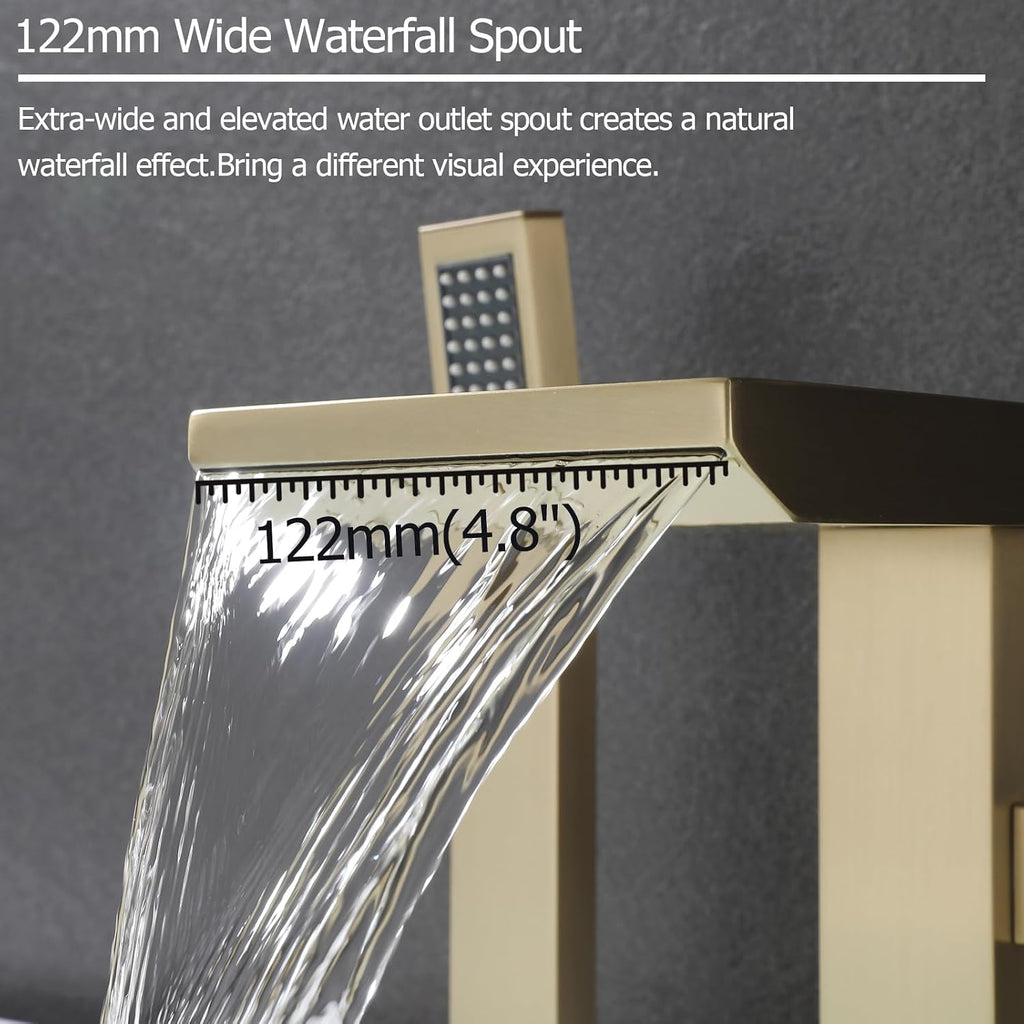 Waterfall Roman Tub Faucet with Hand Shower, Deck Mount Tub Filler Bathtub Faucet with Sprayer, Brass Widespread 3 Hole Bathtub Shower Faucet Set, Brushed Gold