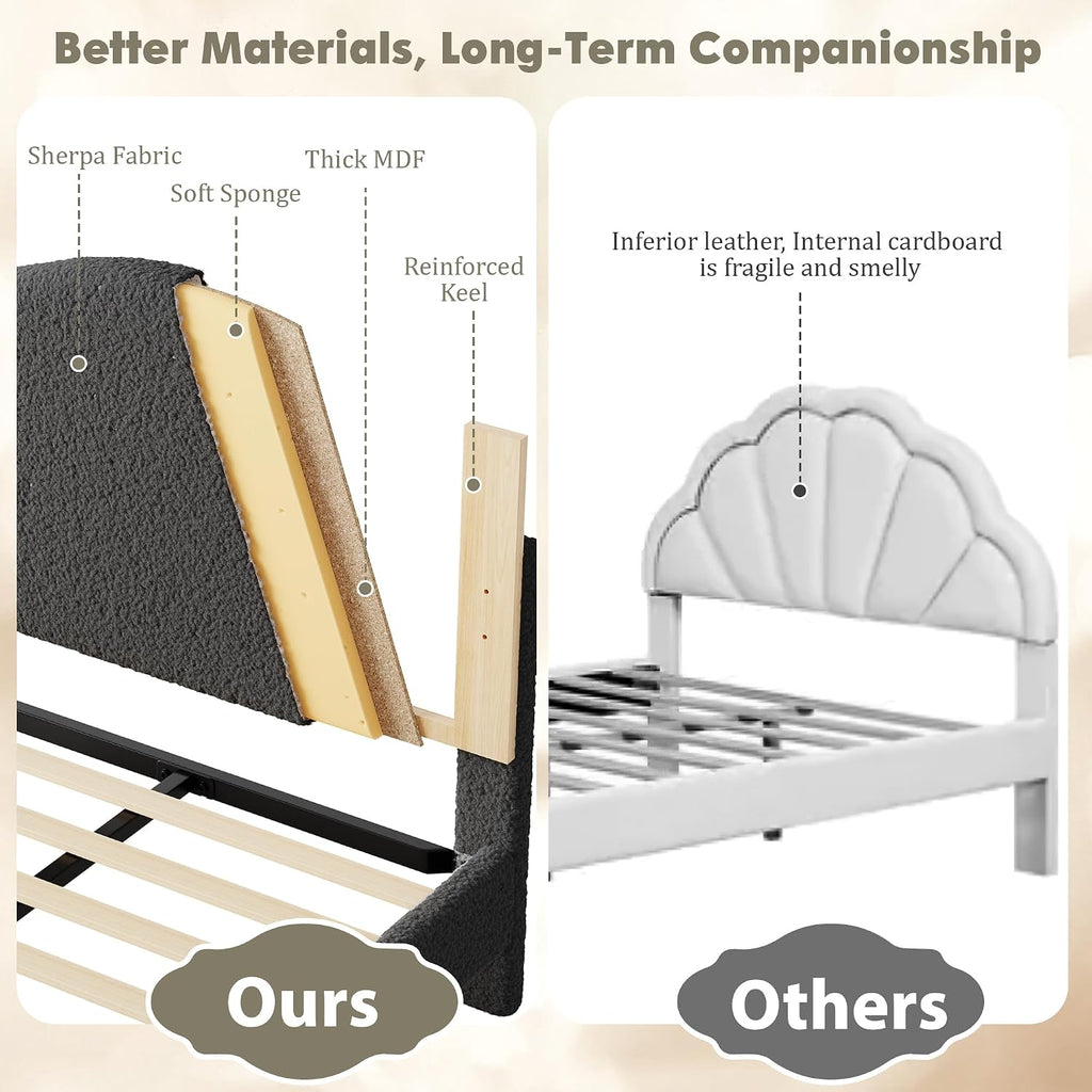 GarveeHome Queen Size Bed Frame with Upholstered Headboard, Soft Low Profile Sturdy Platform Bed with Rounded Corners Design, Heavy Duty, Wooden Slats, Noise Free, No Box Spring Needed, Black