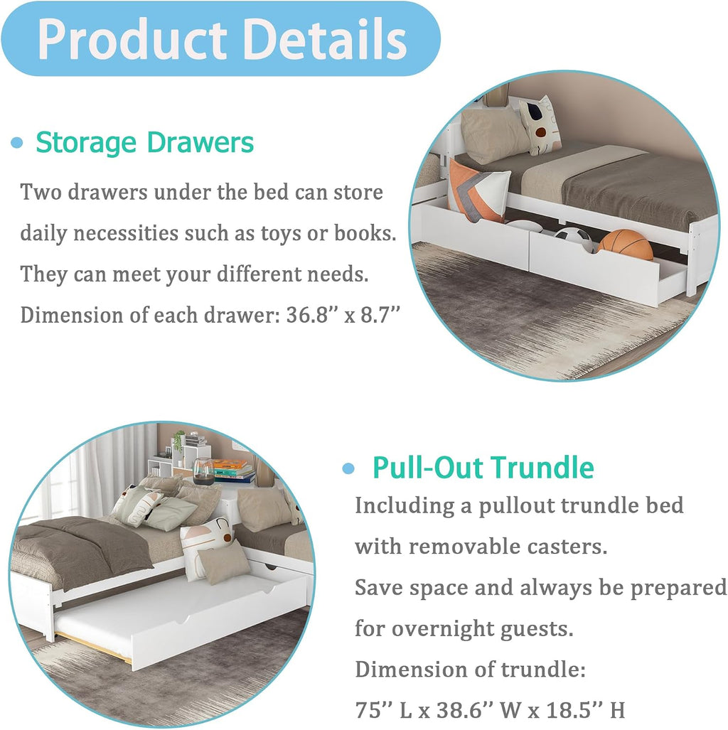 Merax Storage Daybed with Trundle, Twin Size L-Shaped Platform Bed with Convertible Trundle, Two Drawers and Built-in Desk for Living Room, Bedroom, Guest Room, No Box Spring Needed (White)