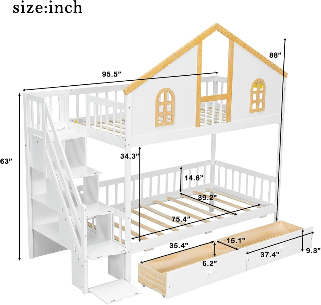 Merax Twin Over Twin Wooden Bunk Bed with Two Drawers and Storage Staircase, Twin Size House Bunk Bed Frame with Window Door Guardrails for Teens, Boys, Girls Bedroom, White+Natural