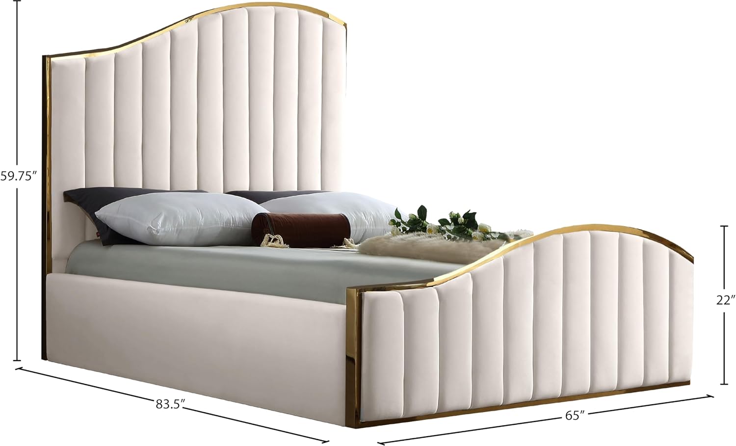 Meridian Furniture Jolie Collection Modern | Contemporary Velvet Upholstered Bed With Channel Tufting, And Polished Gold Metal Frame, Cream, Queen