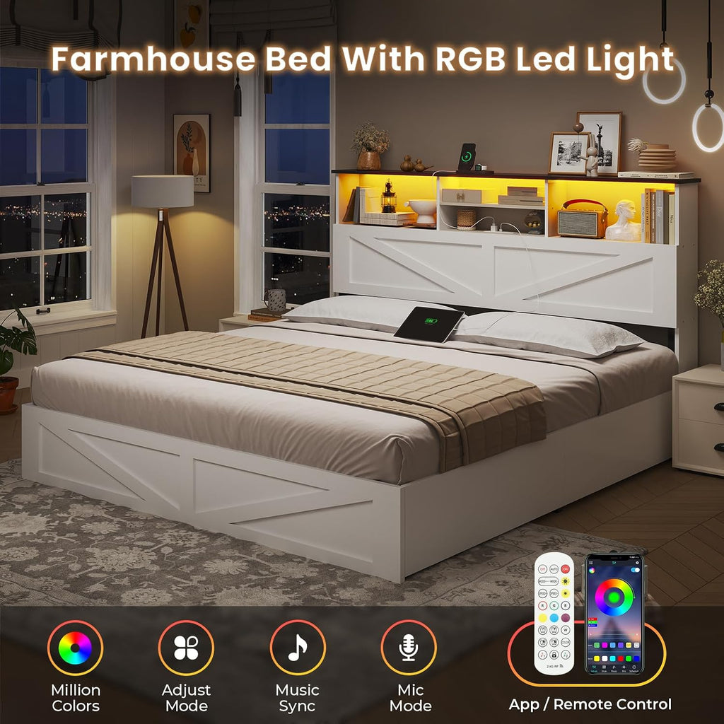 AOGLLATI Queen Bed Frame with Storage Bookcase Headboard and 4 Drawers,Wooden Farmhouse Led Bed Frame Queen Size with Charging Station & Metal Slats,White