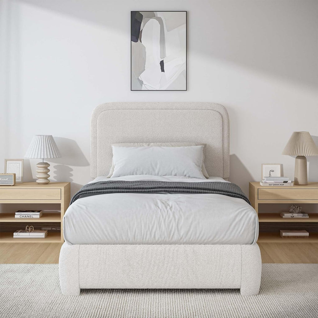 BarnFurin Twin Bed Frames,Cloud Boucle Upholstered Platform Bed Frame with Headboard, Soft Rounded Corners, Noise Free, Easy Assembly, Beige