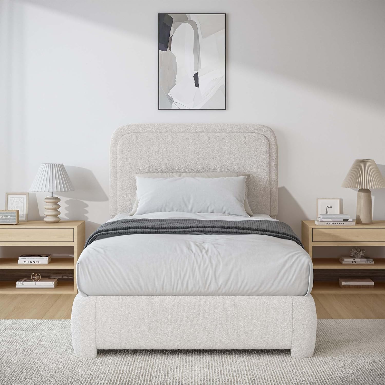 BarnFurin Twin Bed Frames,Cloud Boucle Upholstered Platform Bed Frame with Headboard, Soft Rounded Corners, Noise Free, Easy Assembly, Beige