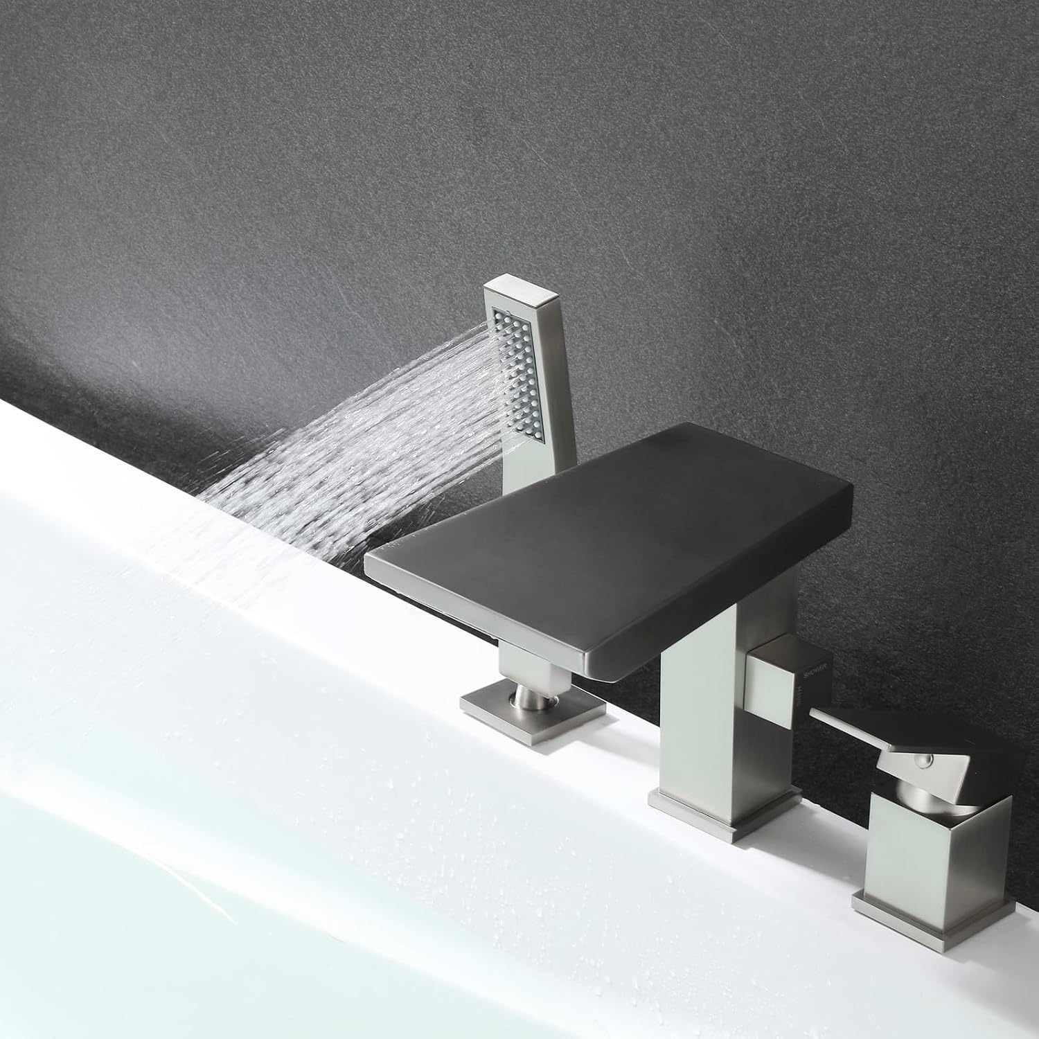 Waterfall Roman Tub Faucet with Hand Shower, Deck Mount Tub Filler Bathtub Faucet with Sprayer, Brass Widespread 3 Hole Bathtub Shower Faucet Set, Brushed Nickel