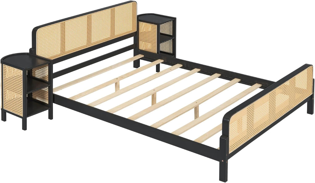 3-Pieces Bedroom Furniture Sets,Full Size Rattan Platform Bed with 2 Nightstands, Perfect for Teens Adults (Espresso/Rattan, Full)