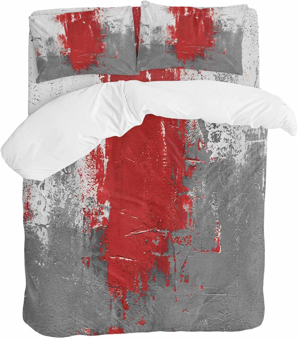 Abstract Art Duvet Cover Set Queen Size 4 Pieces Red Grey Wall Mottled Texture Minimalist Modern Bedding Set with Zipper Closure, 1 Comforter Cover 86x86 Inches 1 Flat Sheet & 2 Pillow Cases