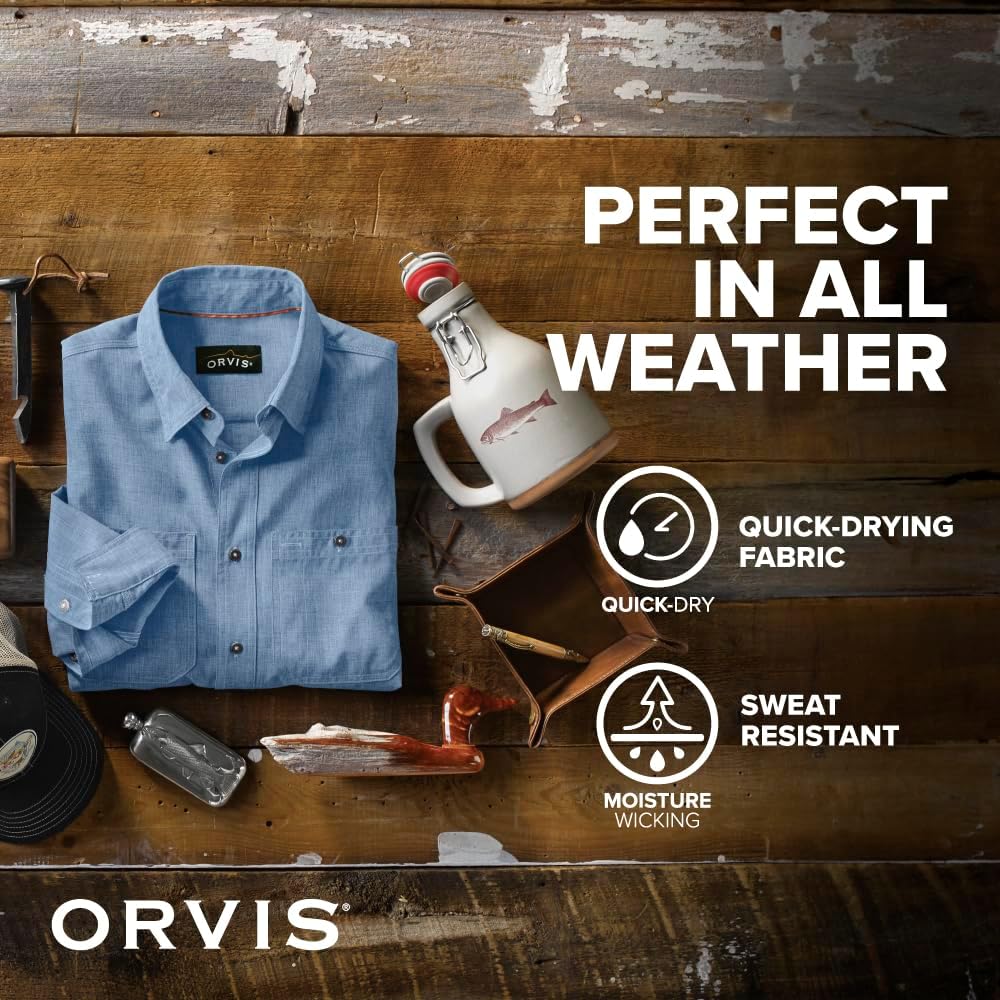 Orvis Tech Chambray Long Sleeve Men's Work Shirts - Lightweight Quick-Drying UPF 40 Chambray Fabric Casual Men's Shirts
