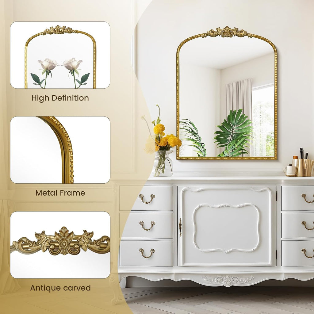 WallBeyond Gold Vintage Mirror for Vanity 24x32 Inch, Gold Antique Mirror with Ornate Frame, Arched Vintage Wall for Bathroom, Living Room, Fireplace, Entryway