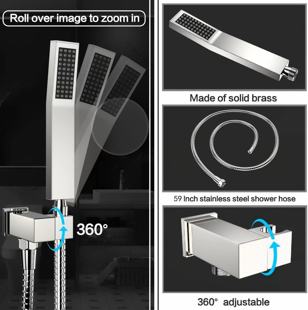 Rain Shower System 12 inch Shower Faucet Set with Tub Spout,Bathroom Wall Mounted Waterfall Shower Head Faucet Sets Complete with Handheld Spray,Rough-in Valve Body and Trim kit,Chrome Polished