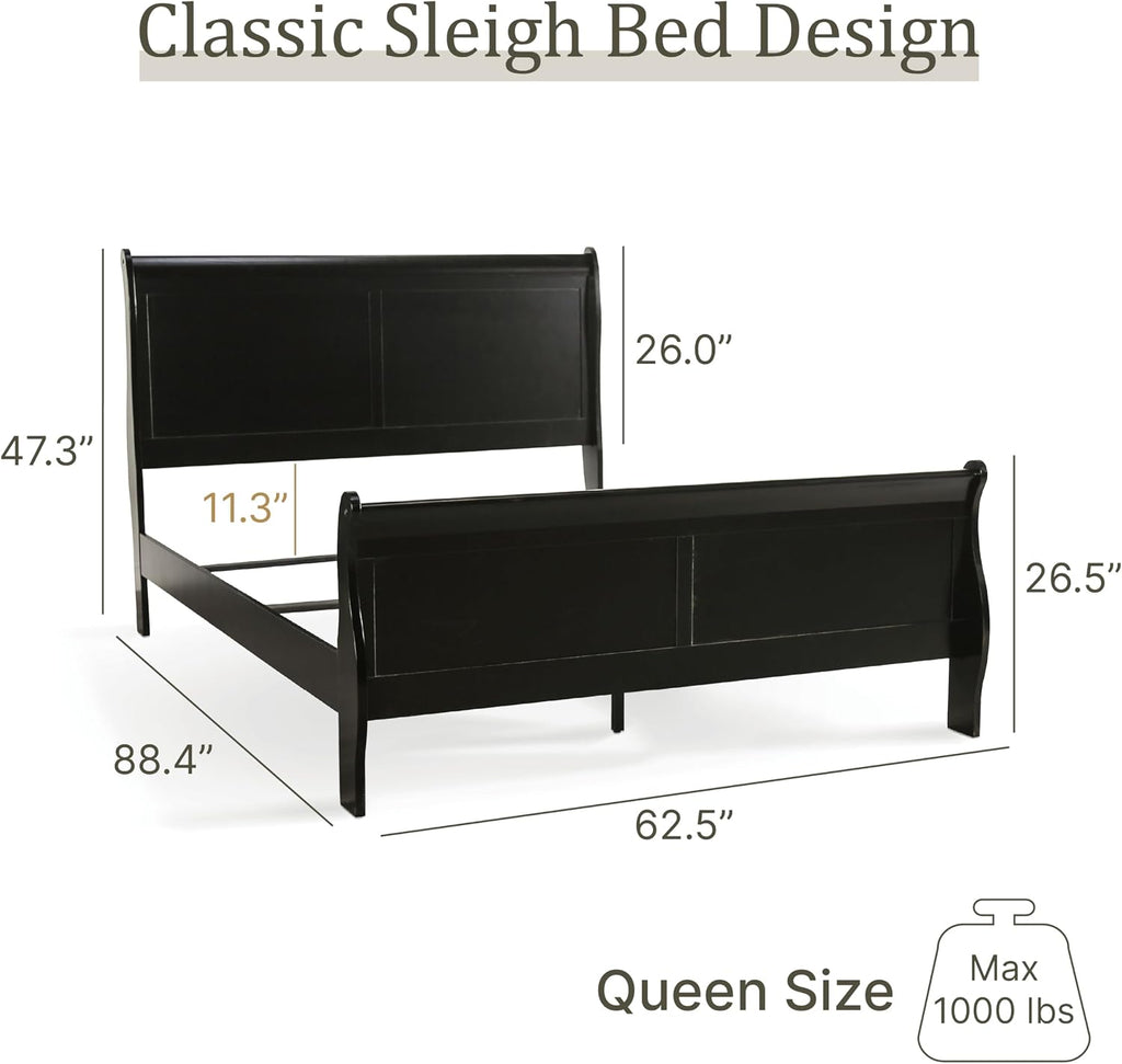 Furniture of America Louis Philippe Traditional Wood Bed Frame with Headboard and Footboard, Elegant Sleigh Design Bedframe for Bedroom, Guest Room, Easy Assembly, Box Spring Required, Queen, Black