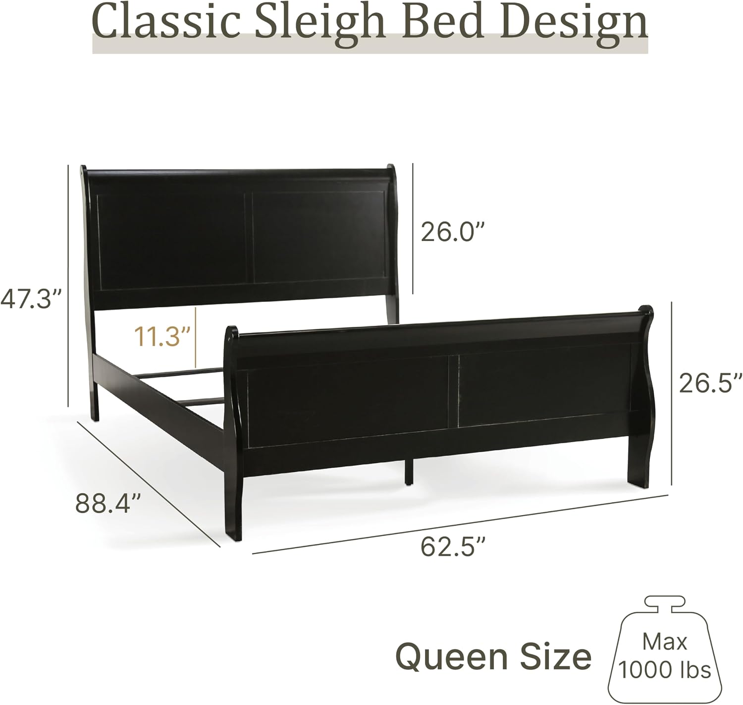 Furniture of America Louis Philippe Traditional Wood Bed Frame with Headboard and Footboard, Elegant Sleigh Design Bedframe for Bedroom, Guest Room, Easy Assembly, Box Spring Required, Queen, Black