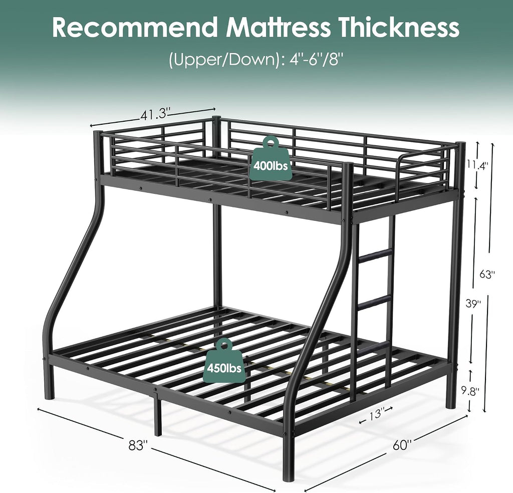 Bunk Beds Twin XL Over Queen, Heavy Duty Bunk Beds with Bottom Space & Guardrail Metal Bunk Bed Frame for Adults Teens Dorm Bedroom Guest Room, No Box Spring Needed（Black）