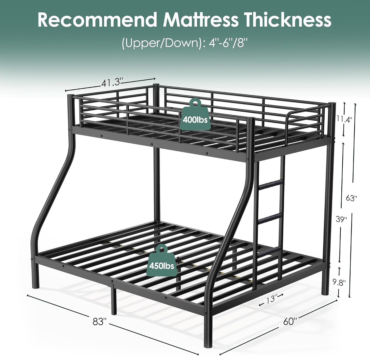 Bunk Beds Twin XL Over Queen, Heavy Duty Bunk Beds with Bottom Space & Guardrail Metal Bunk Bed Frame for Adults Teens Dorm Bedroom Guest Room, No Box Spring Needed（Black）