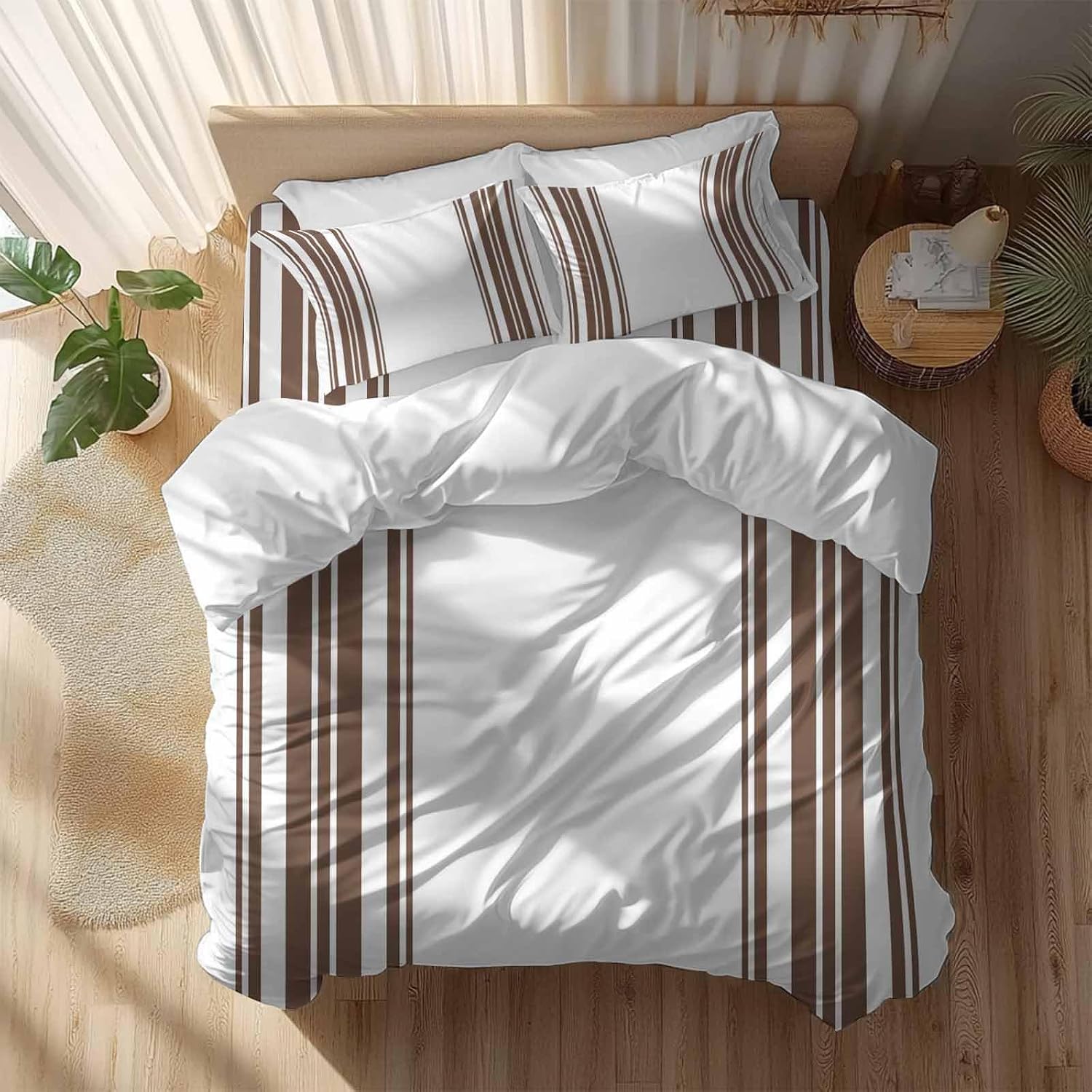 Dark Brown and White Striped Duvet Cover Set Queen Size 4 Pieces Modern Minimalist Vertical Lines Bedding Set with Zipper Closure, 1 Comforter Cover 86x86 Inches 1 Flat Sheet & 2 Pillow Cases