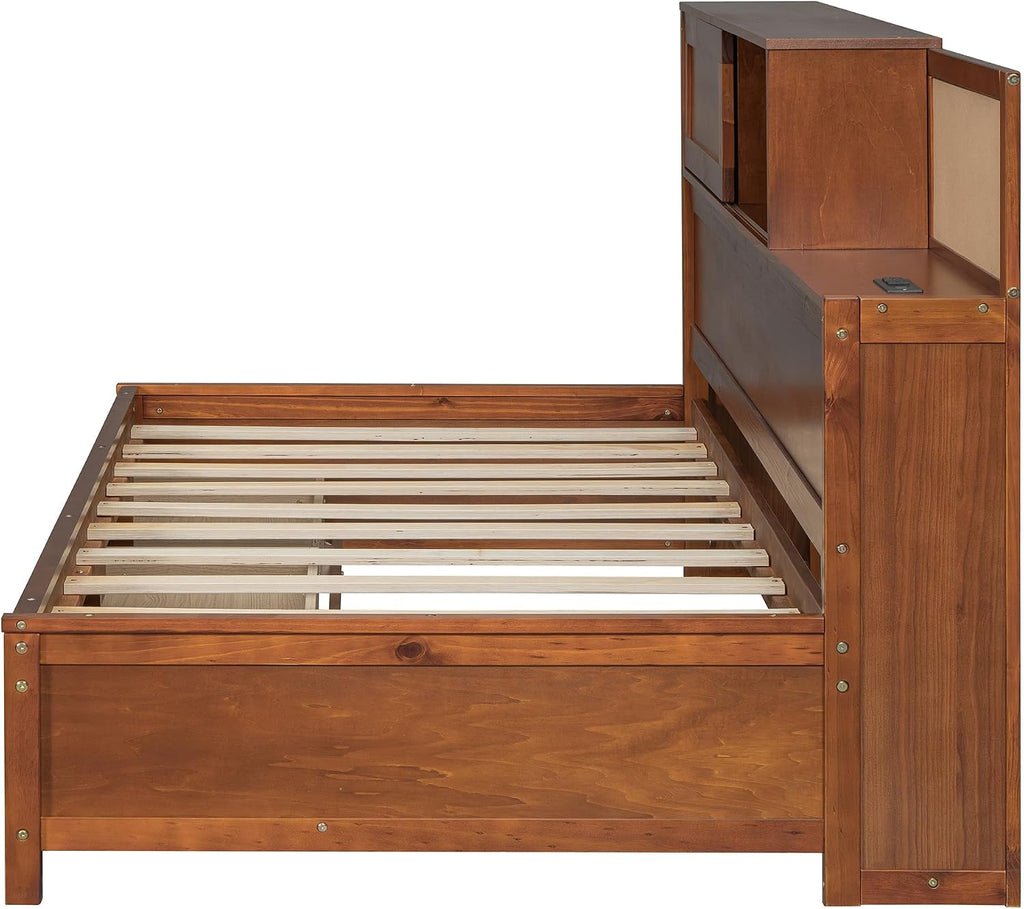 Wooden Daybed with 3 Storage Drawers, Upper Soft Board, Shelf, and a Set of Sockets and USB Ports, Multi-Functional Bed Frame for Bedroom, Twin Size, Walnut