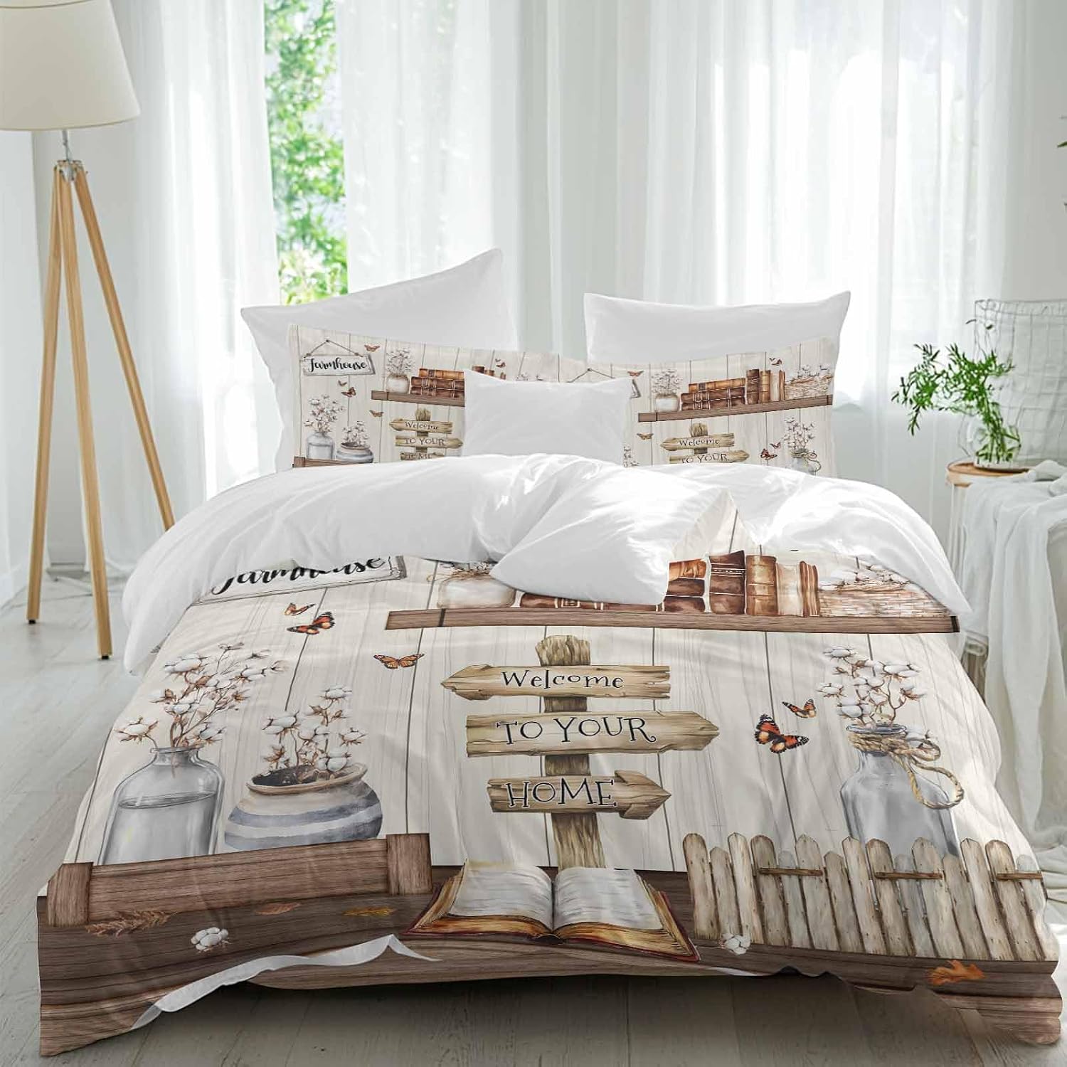 Prime Leader Vintage Duvet Cover Set Queen Size 4 Pieces Welcome to Your Home Farmhouse Cotton Bottle Bedding Set with Zipper Closure, 1 Comforter Cover 92x106 Inches 1 Flat Sheet & 2 Pillow Cases