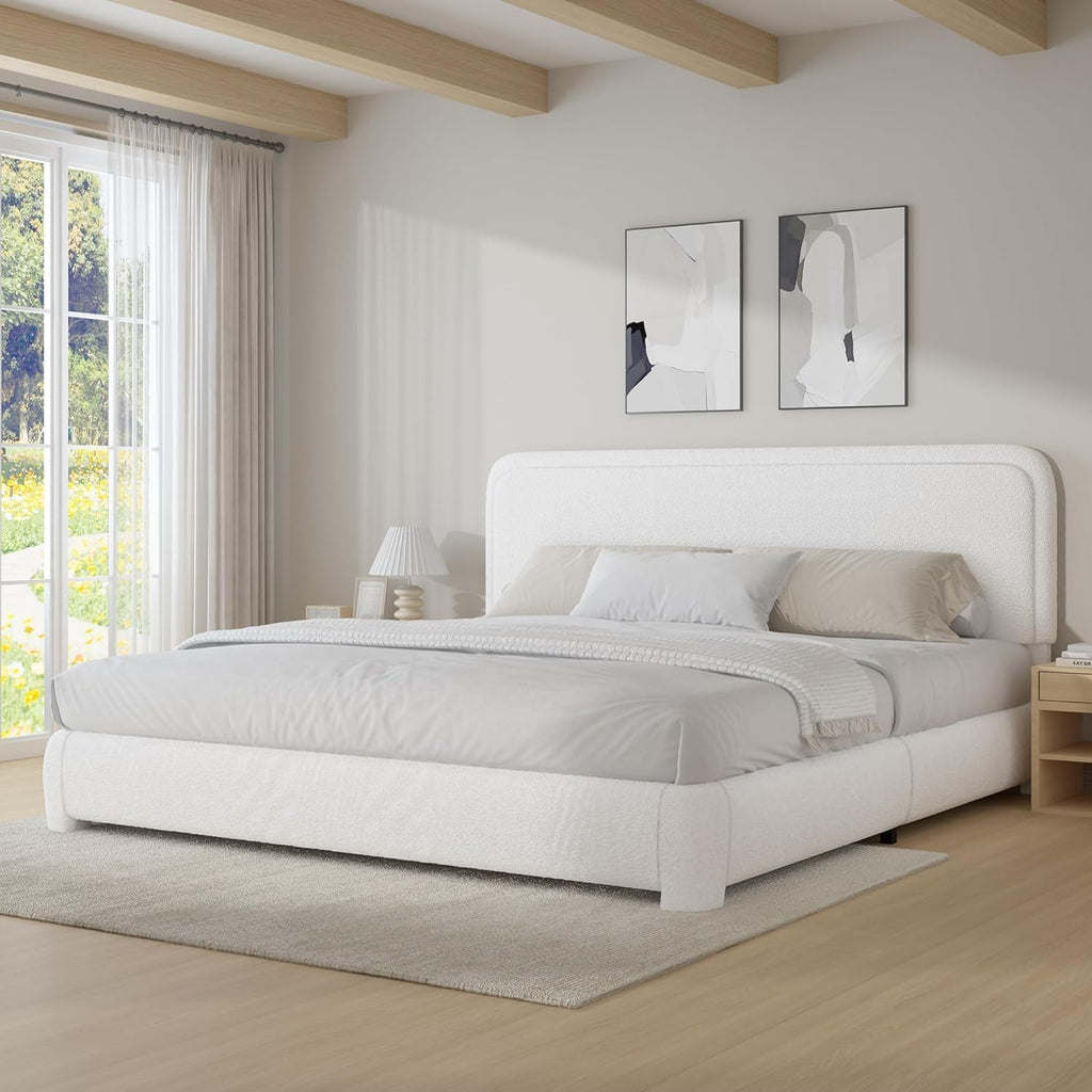 BarnFurin Boucle Upholstered Bed Frame King Size/Cloud Bed Frame/Soft Rounded Corners Headboard/Low Profile/No Box Spring Needed/Non-Slip and Noise-Free/White