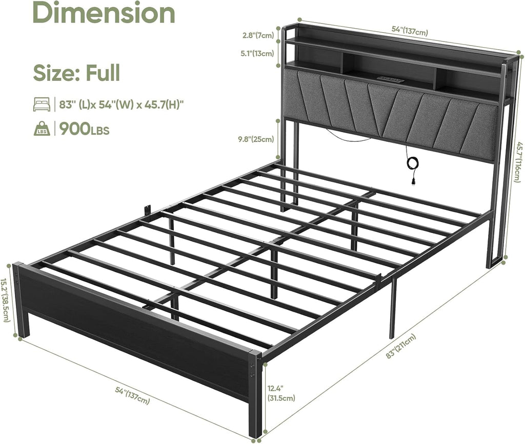 Full Bed Frame with Wood Headboard, Metal Platform Bed with LED Lights & Charging Station, 2-Tier Storage Shelves, Sturdy and Easy Assembly, Under Bed Space, No Box Spring Needed, Noise Free, Black