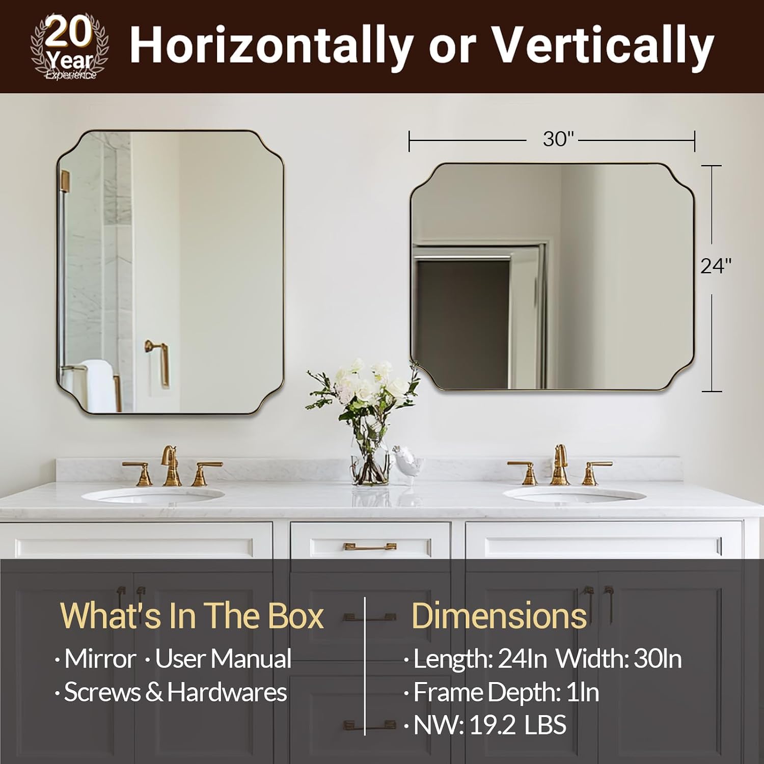 ANDY STAR 24'x30' Brushed Gold Bathroom Mirror, Rectangle Mirror for Bathroom, Champagne Bronze Mirror in Rustproof Stainless Steel Thin Frame, Elegant Scalloped Edge Design, Ideal for Home Remodel