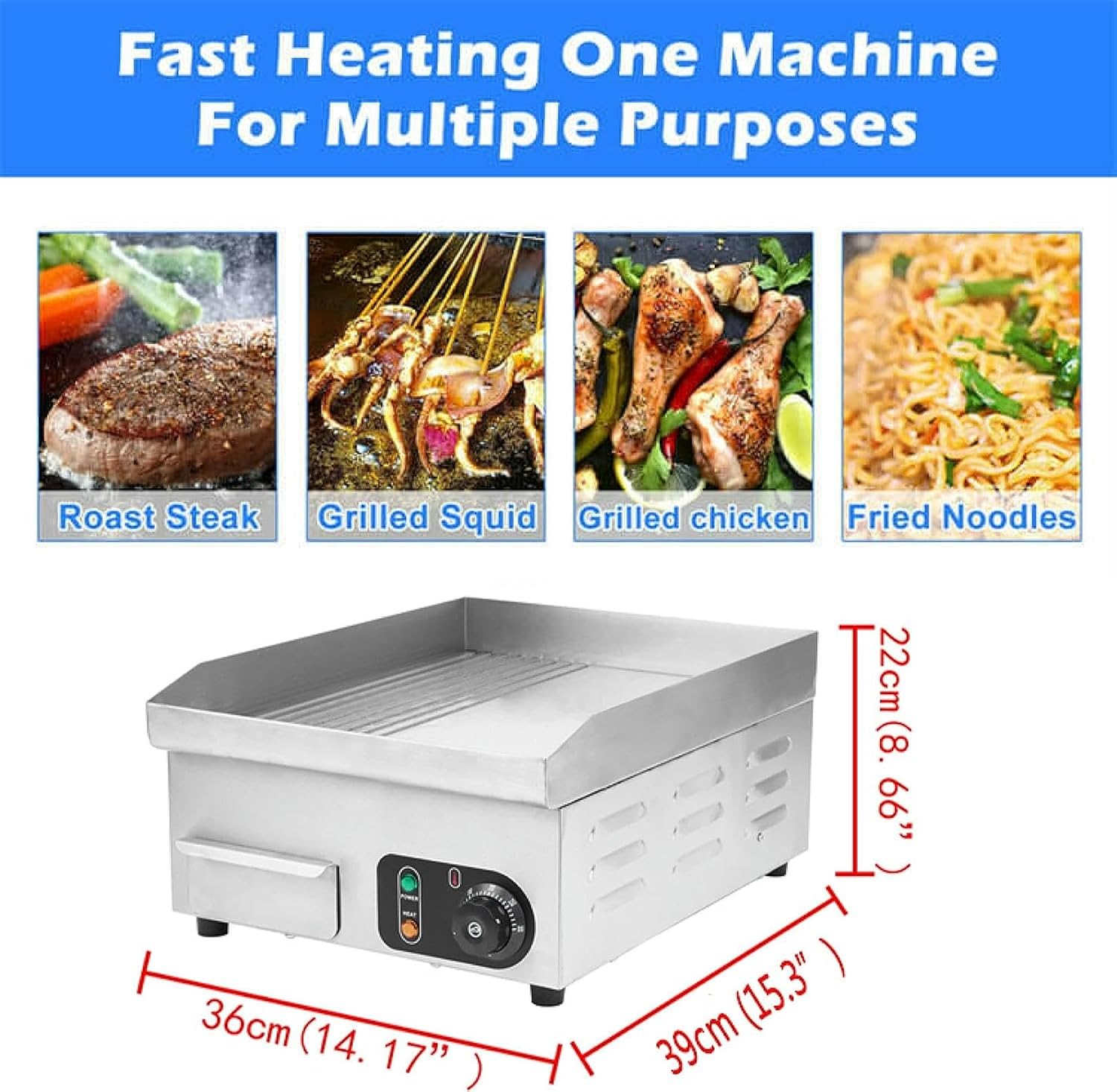 Commercial Electric Flat Top Countertop Griddle/ 1500W Stainless Steel Teppanyaki Grill/Non-Stick Bakeware, Adjustable Temperature from 122°F-572°F