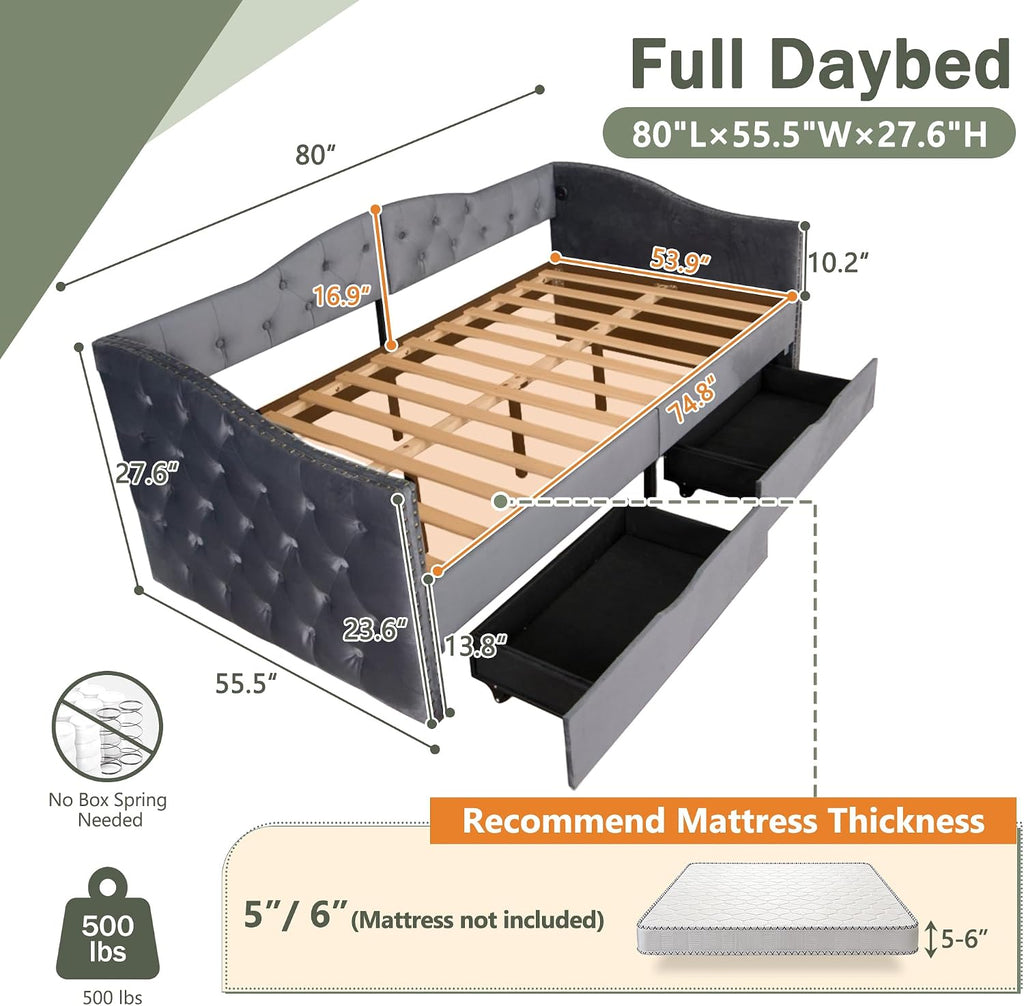 Full Size Daybed with Storage Drawers, Upholstered Daybed with 2 USB Ports, Sturdy Wood Frame,Day Bed for Bedroom