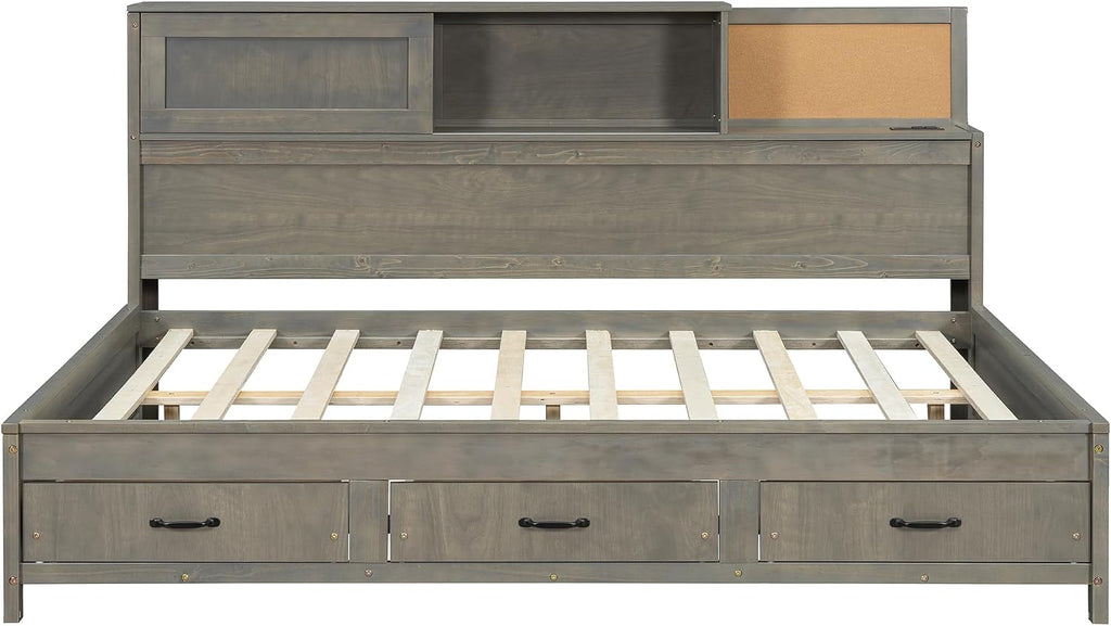 Wooden Daybed with 3 Storage Drawers, Upper Soft Board, Shelf, and a Set of Sockets and USB Ports, Full Size, Gray